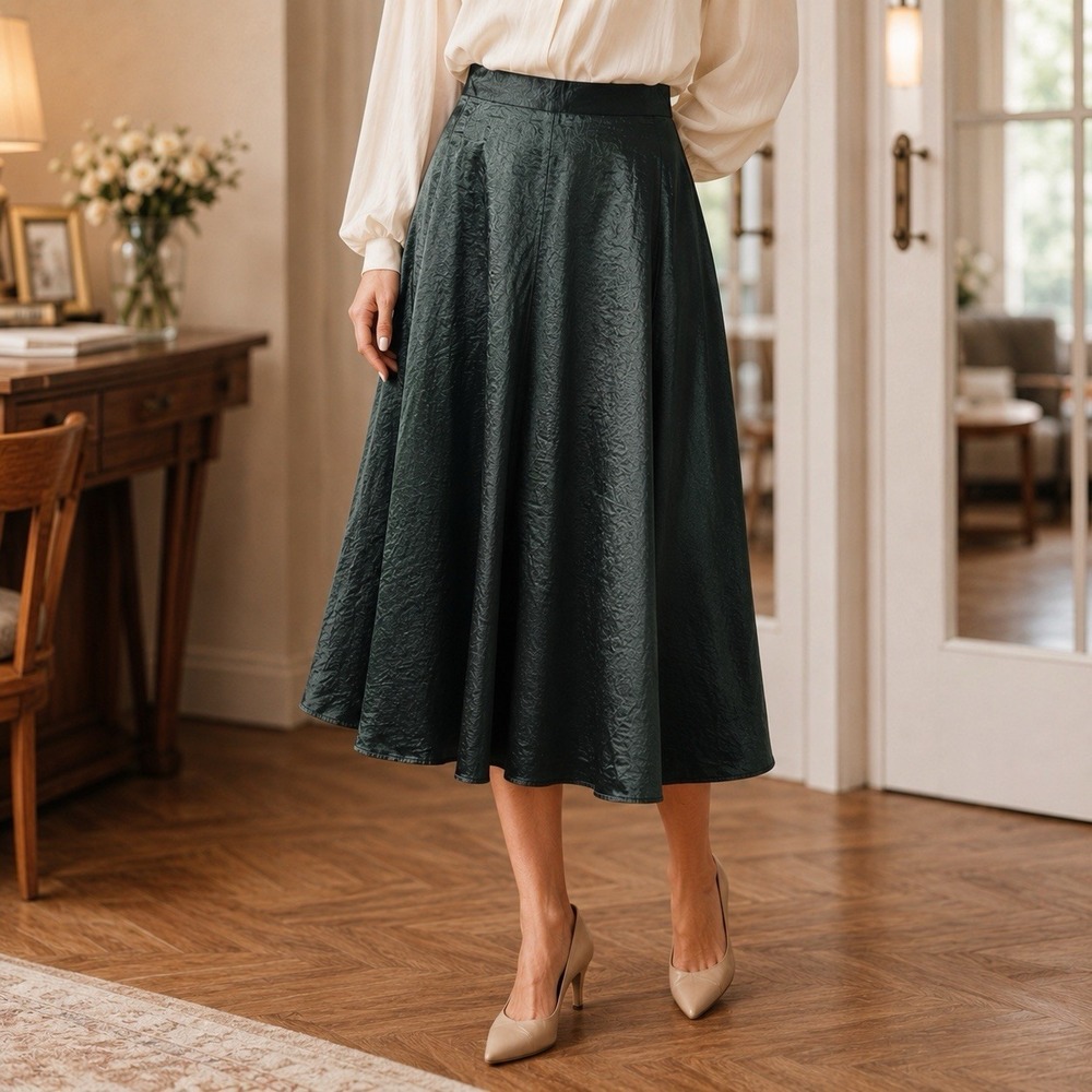 NEW Lascana Satin Green Midi Skirt Luxury Holiday Event Special Occasion 8